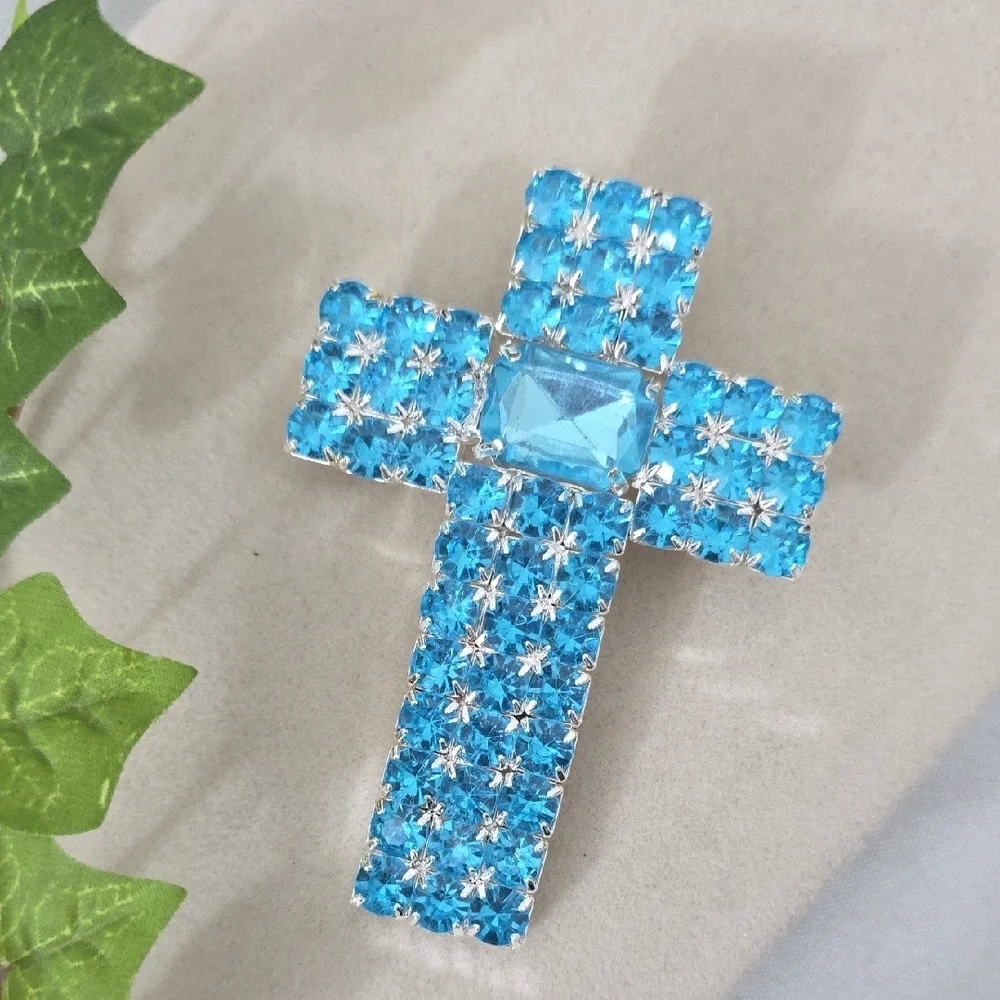Statement Silver and Acrylic Blue Topaz Cross Brooch Pendant